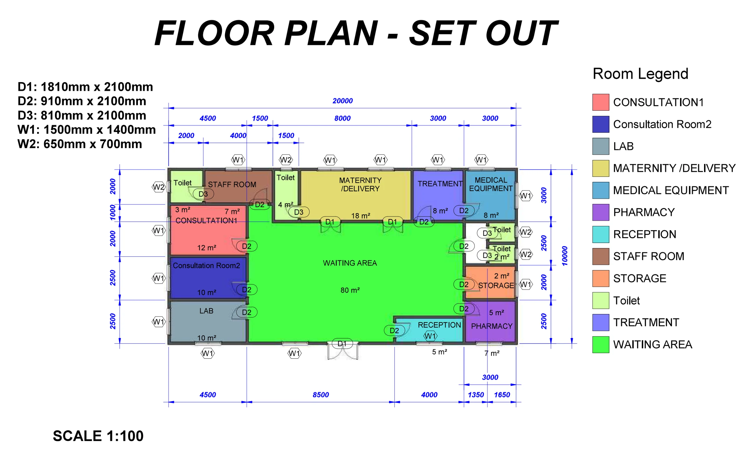 Arkitektens plantegning (Floor plan – set out) med alle rum, mål og døre, målestok 1:100